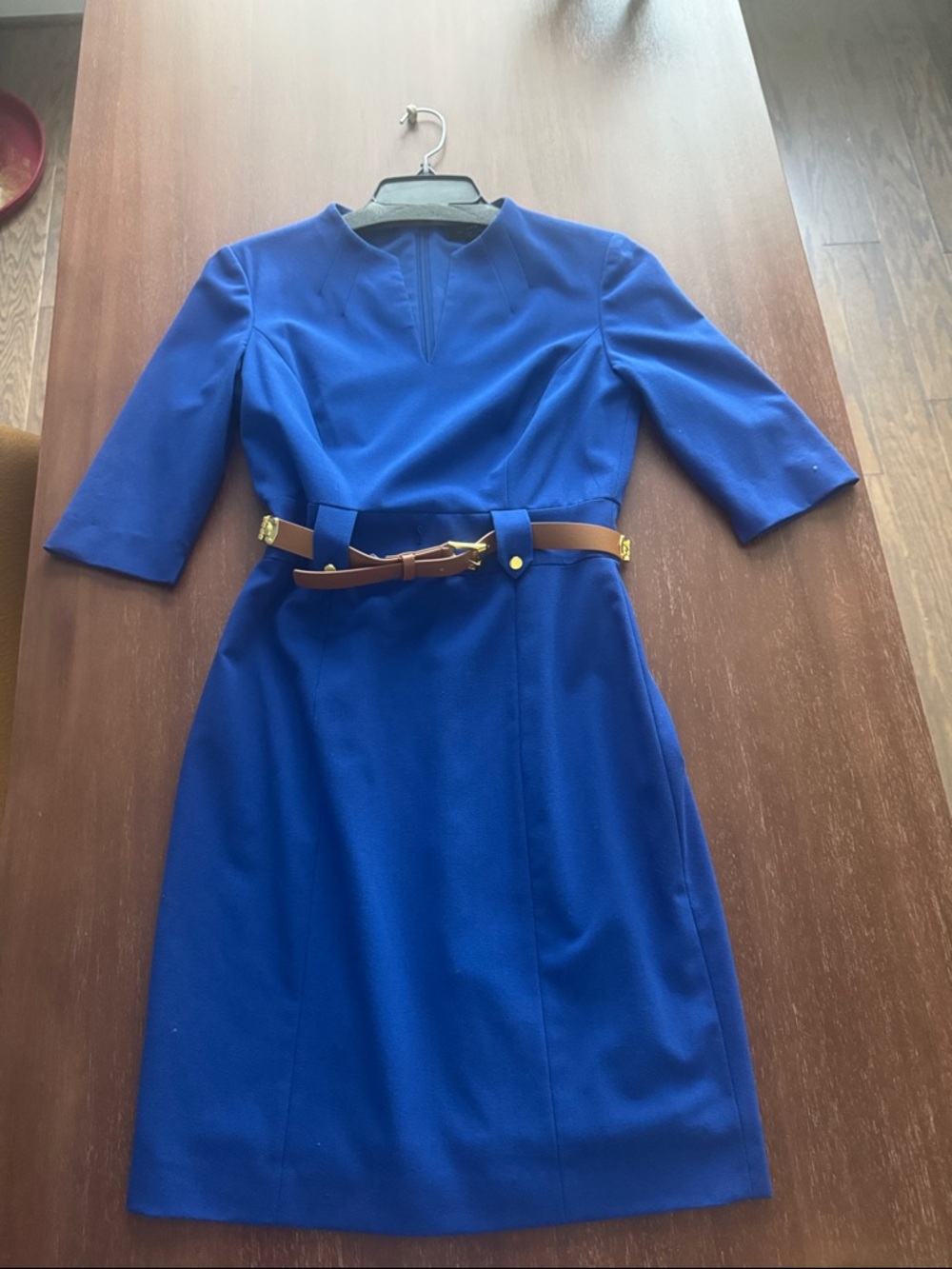 Tahari Cobalt Blue Long Sleeve Sheath Dress with Brown Belt